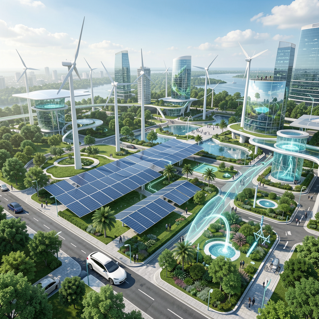 What is Green Technology in 2026? A futuristic view of a Dutch smart city in 2026 featuring solar-integrated glass skyscrapers, lush vertical forests, and electric autonomous shuttles under a clear sky.