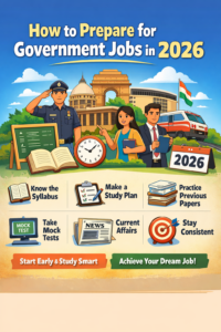 Student studying a syllabus guide on how to prepare for government jobs in 2026 using a laptop and notebooks.